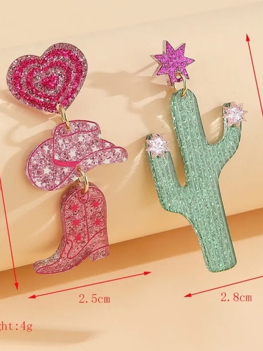Cute Pink Cowboy Boot & Heart and Green Cactus Arylic Drop Earrings